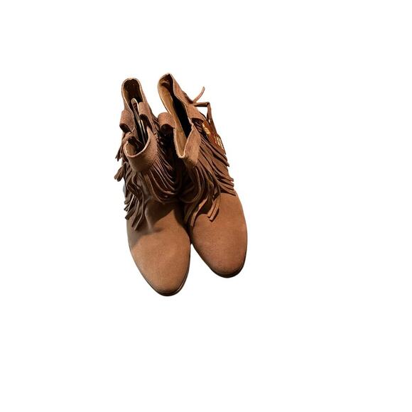 Restricted Suede Leather Fringe Ankle Booties Pull-On Almond Toe Brown Sz 9 NEW - Picture 2 of 5